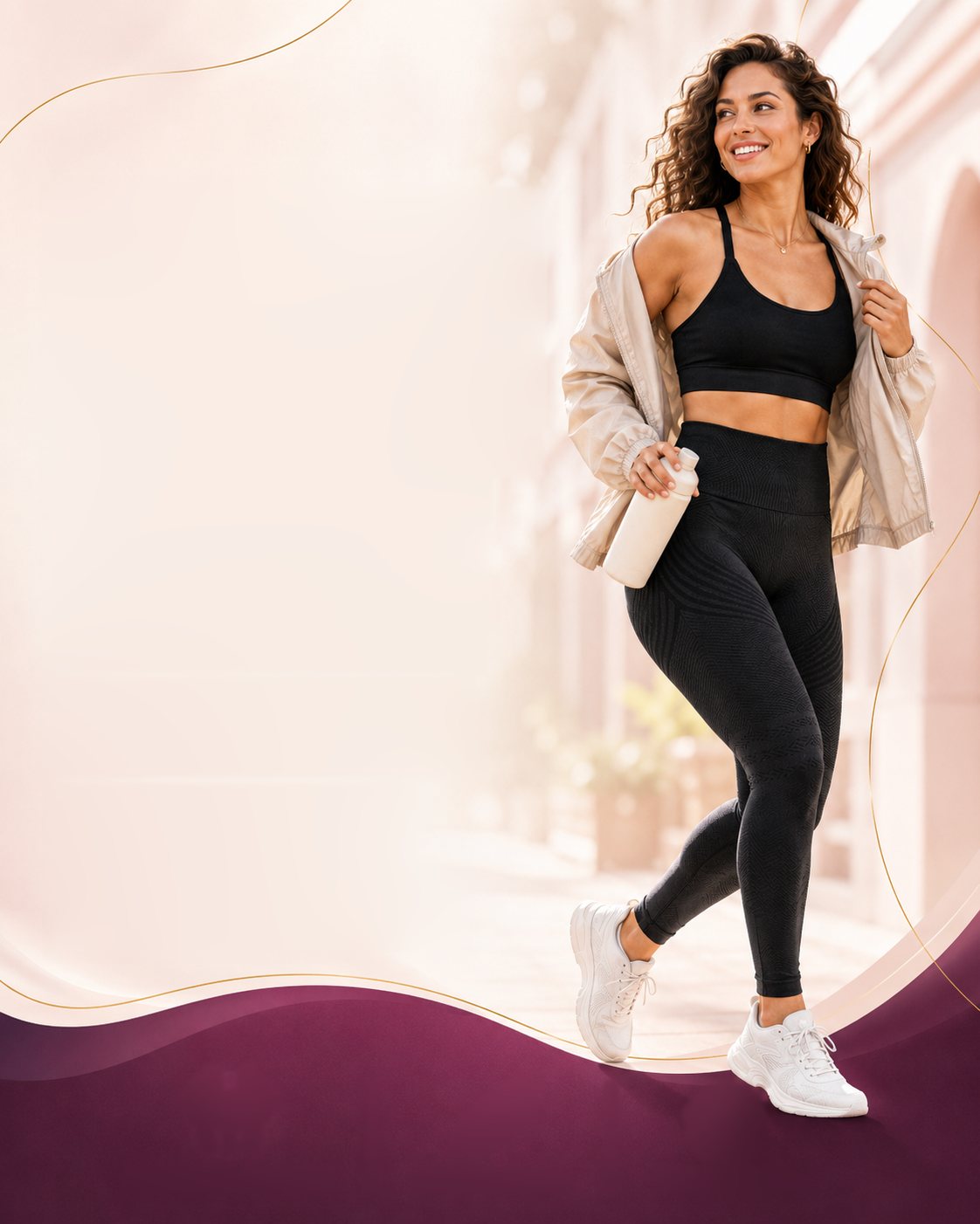 Femme en legging taille haute sculptant GlowBody Fit, veste ouverte, en extérieur